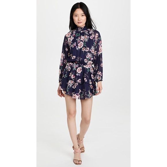 Yumi Kim Class Act Floral Dress Sheer Sleeves High Neck Ruffle Hem Size Medium - Picture 1 of 12